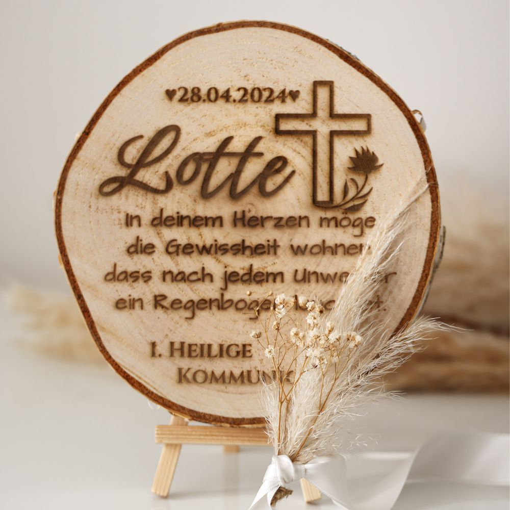 Echte Baumscheibe mit Kommunion Spruch Gravur Geschenk Geld Namelano