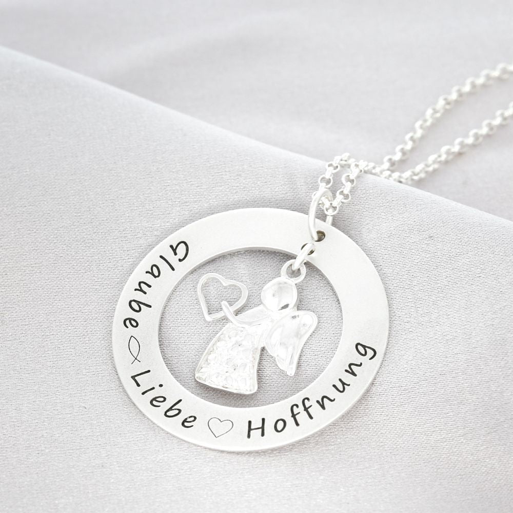 Personalisierte Familienkette Glaube Liebe Hoffnung mit Schutzengel